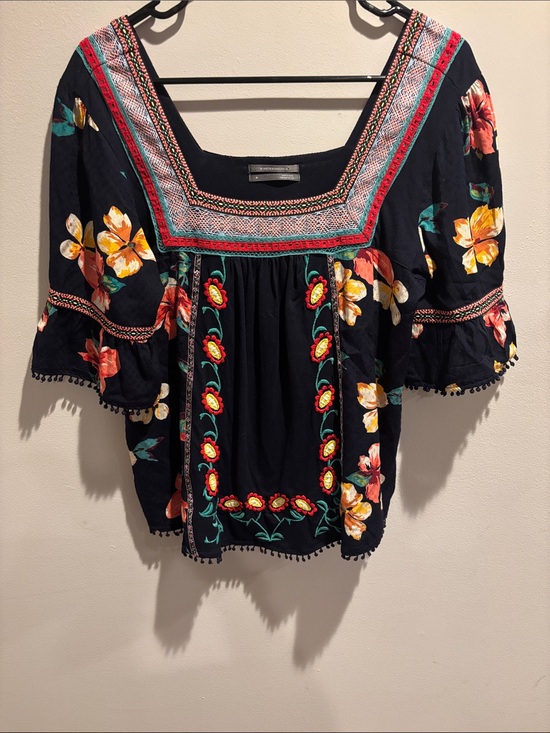 Anthropologie Tops - Anthropologie Black Embroidered Floral Square-Neck Blouse